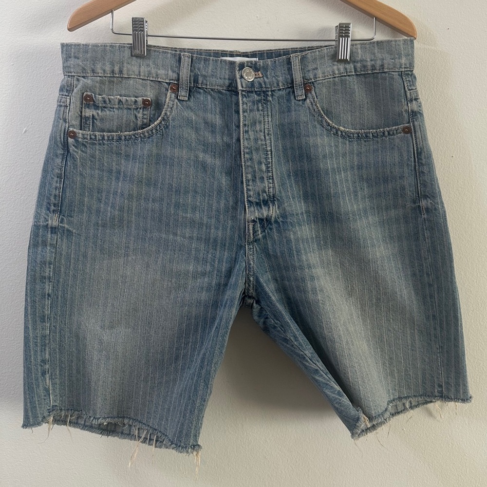 ZARA Light Blue Pinstriped Jean Shorts SIZE 12 LARGE Casual Distressed